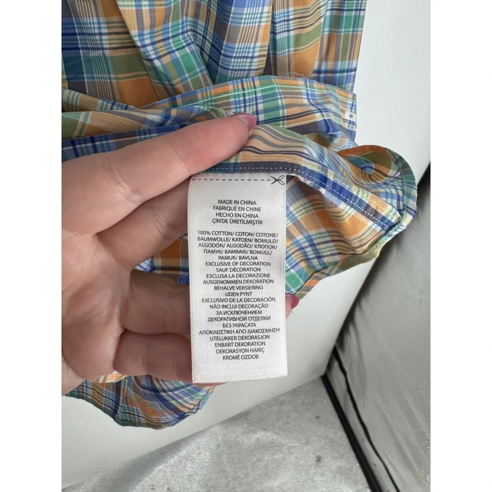 Polo Ralph Lauren Shirt Orange Blue Plaid Cotton Stretch Long Sleeve Button Down